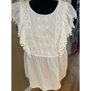 LILLY PULITZER $108 Resort White Raquelle Swiss Dot Dobby Top pom poms sz L